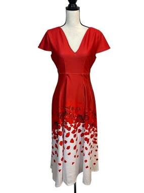 Marc Bouwer Red Rose Petal Dress Full Hi-Lo V-Neck Medium